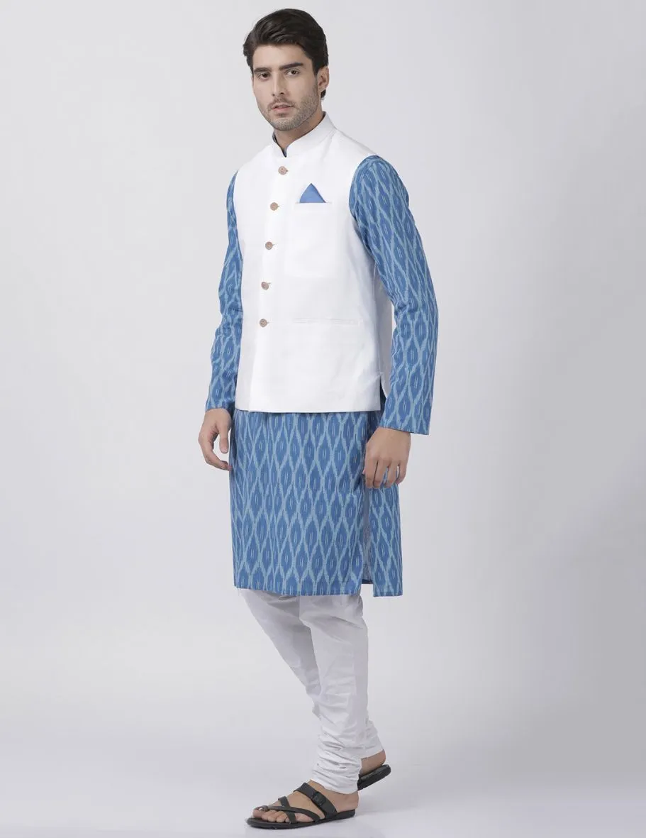 VASTRAMAY Men's Light Blue Cotton Blend Ethnic Jacket, Kurta and Dhoti Pant Set