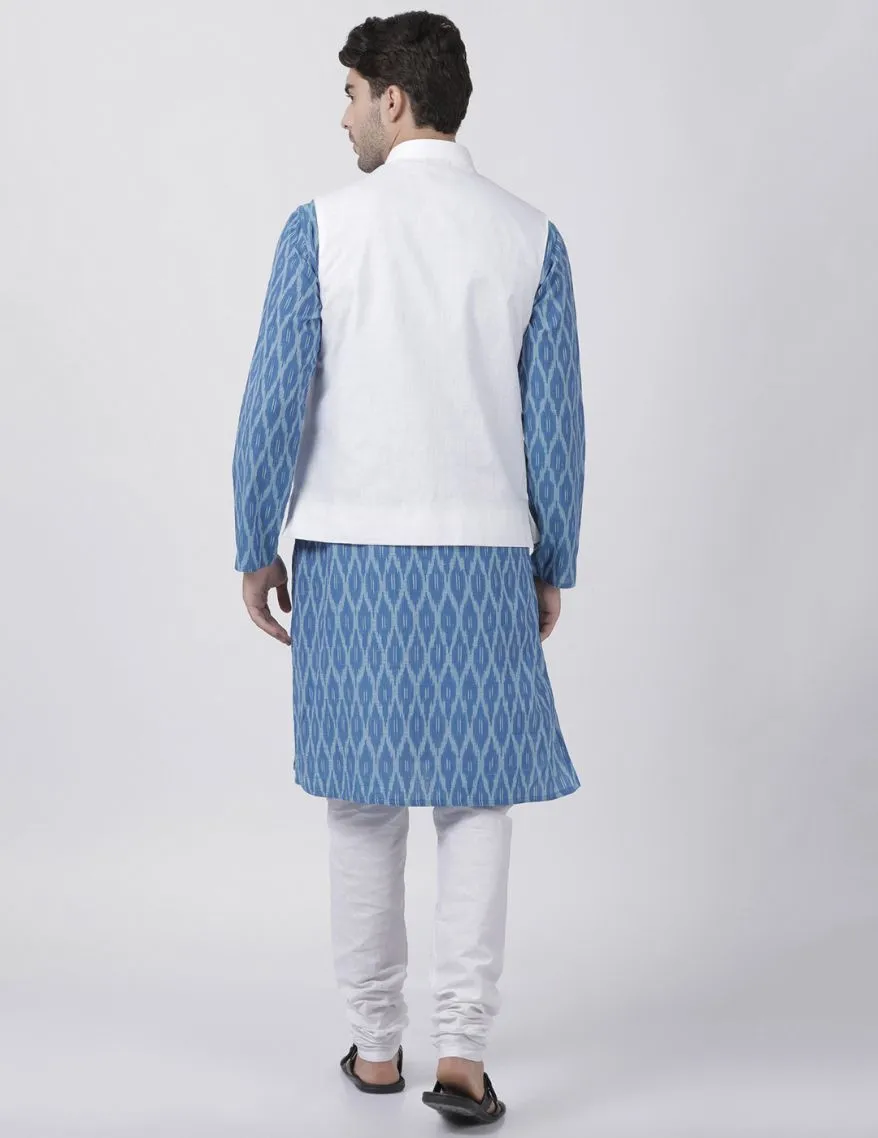 VASTRAMAY Men's Light Blue Cotton Blend Ethnic Jacket, Kurta and Dhoti Pant Set