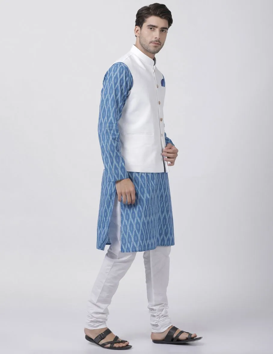 VASTRAMAY Men's Light Blue Cotton Blend Ethnic Jacket, Kurta and Dhoti Pant Set