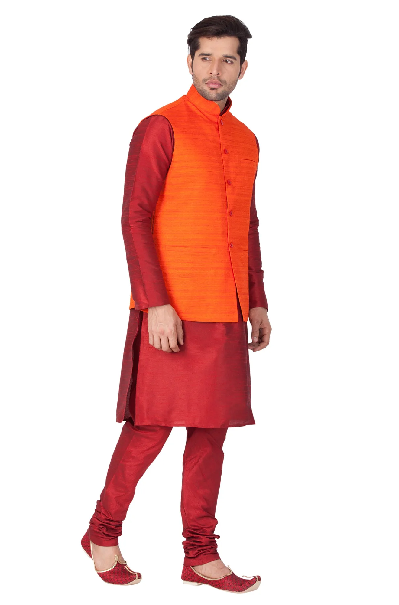 VASTRAMAY Men's Maroon Cotton Silk Blend Kurta, Ethnic Jacket and Pyjama Set