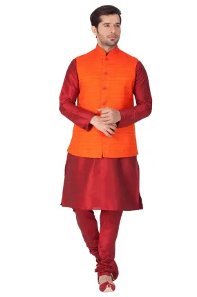 VASTRAMAY Men's Maroon Cotton Silk Blend Kurta, Ethnic Jacket and Pyjama Set