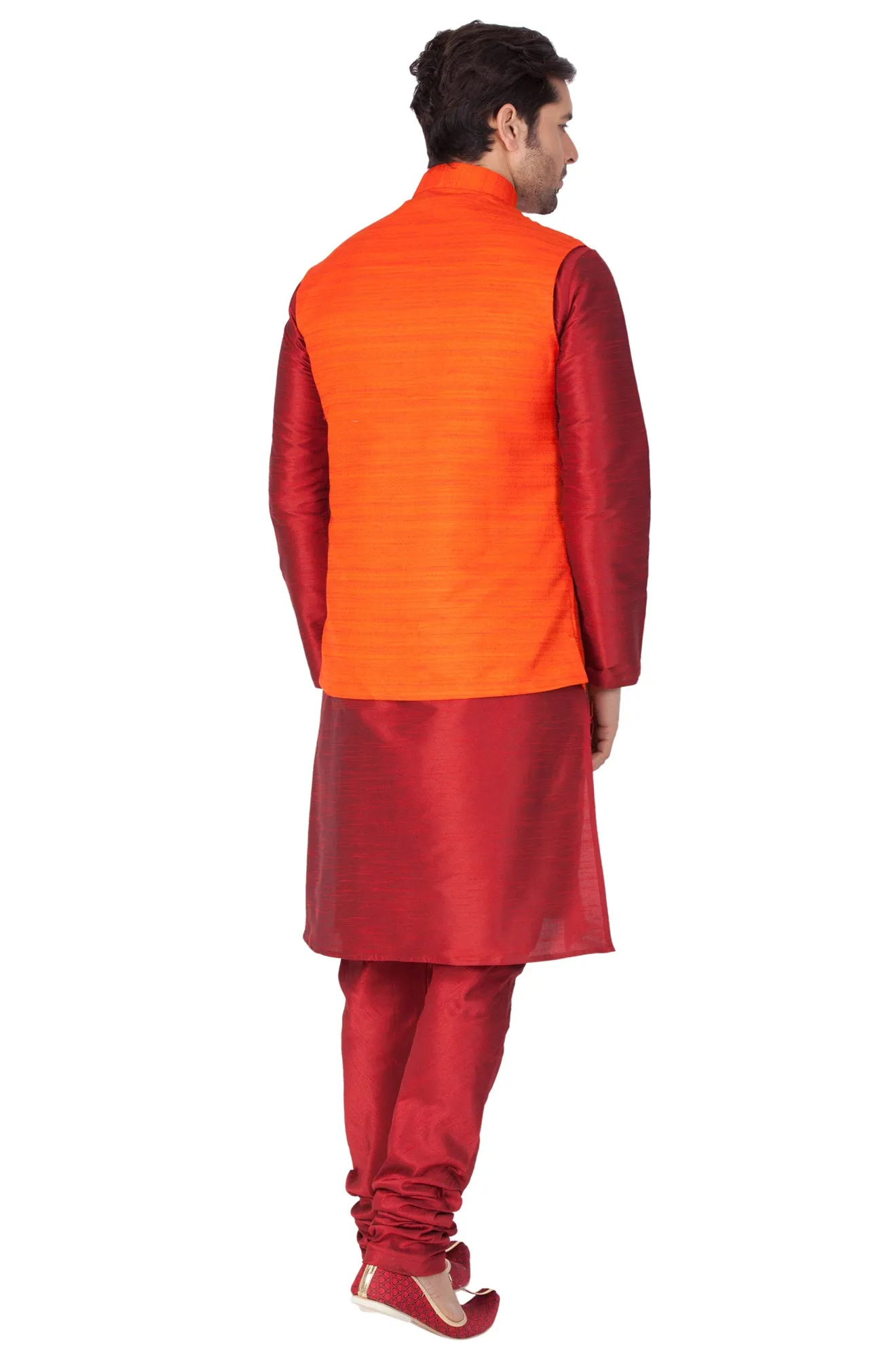 VASTRAMAY Men's Maroon Cotton Silk Blend Kurta, Ethnic Jacket and Pyjama Set