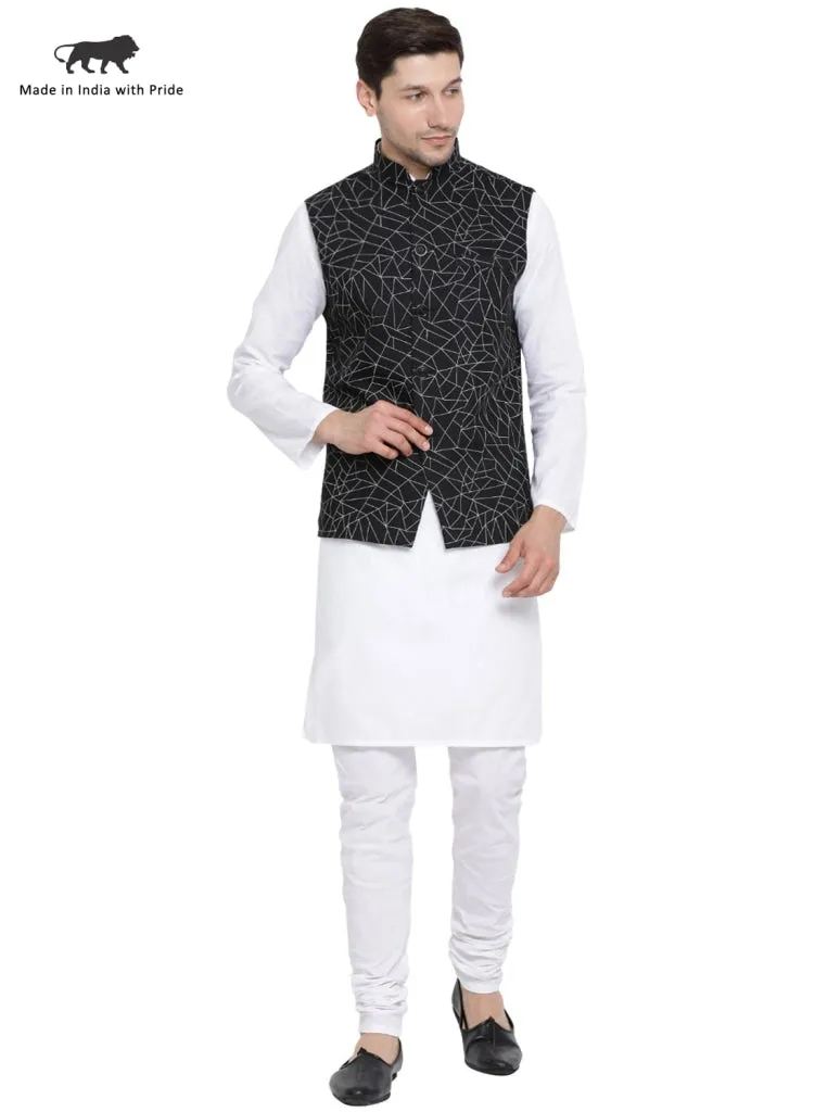 VASTRAMAY Men's White Cotton Blend Kurta, Ethnic Jacket and Pyjama Set