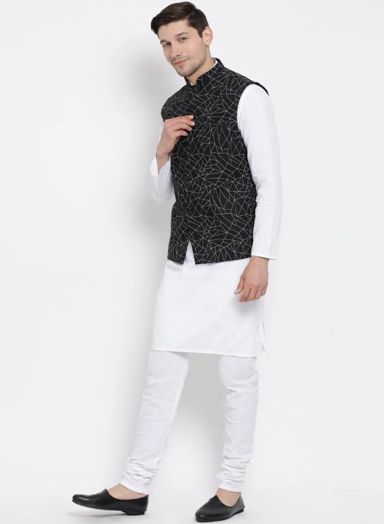 VASTRAMAY Men's White Cotton Blend Kurta, Ethnic Jacket and Pyjama Set