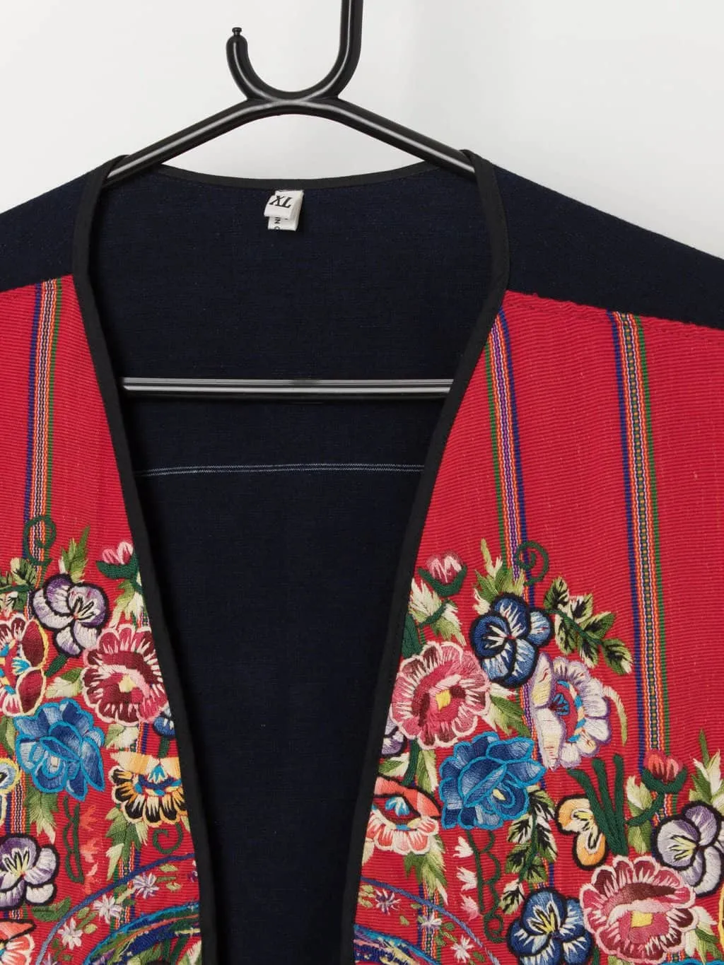 Vintage red embroidered vest with bright florals – XL