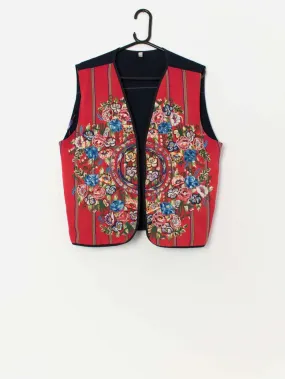 Vintage red embroidered vest with bright florals – XL