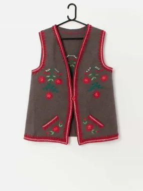 Vintage wool embroidered waistcoat vest with red florals – Large