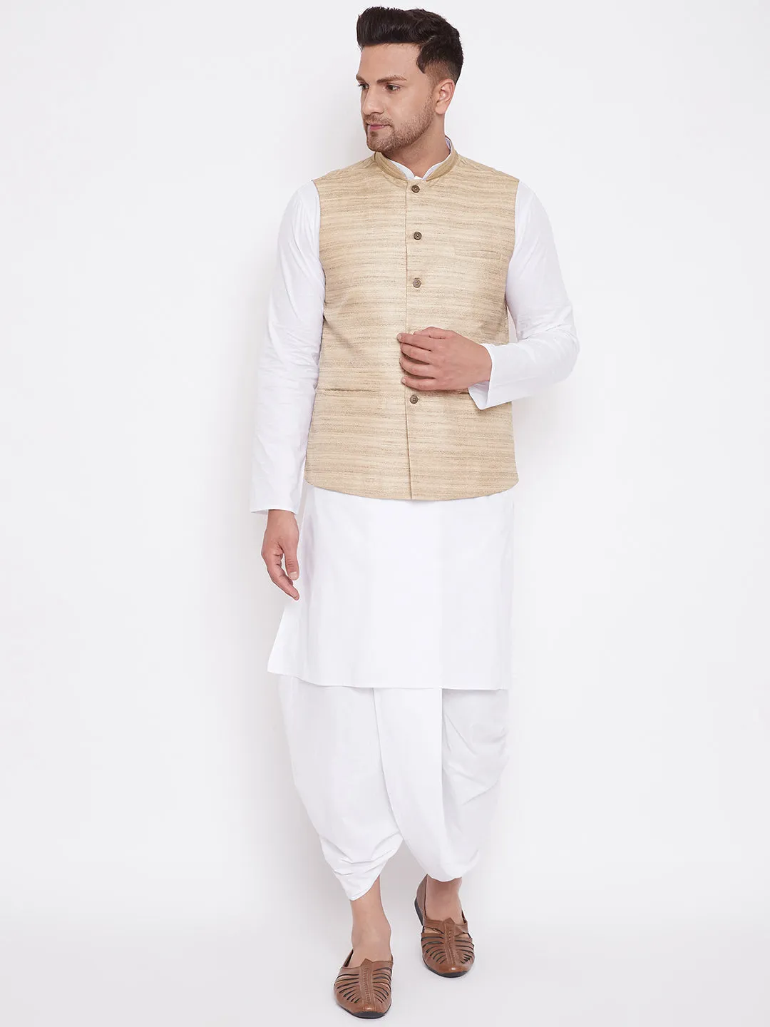 VM BY Vastramay Men's Beige And White Cotton Blend Jacket, Kurta and Dhoti Set