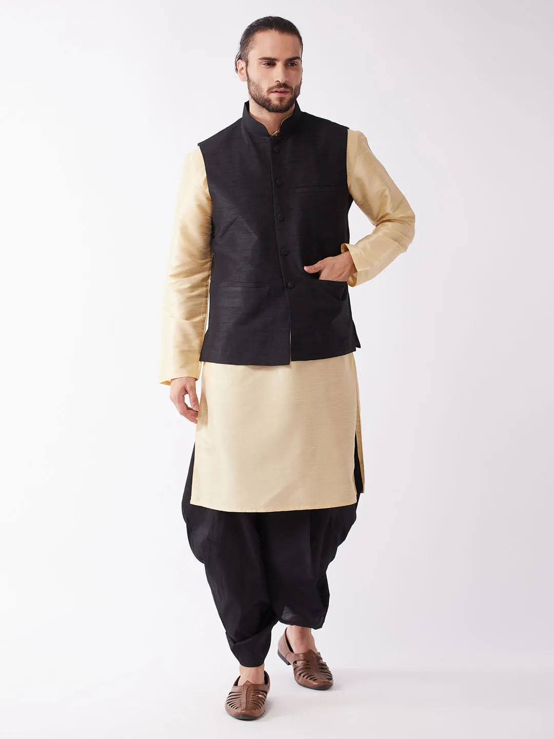 VM By VASTRAMAY Men's Black Solid Jacket With Gold And Black Silk Kurta and Dhoti Set