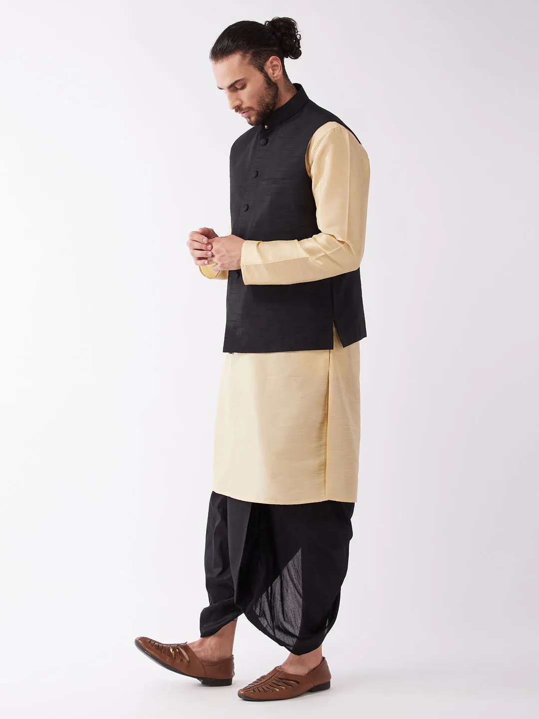 VM By VASTRAMAY Men's Black Solid Jacket With Gold And Black Silk Kurta and Dhoti Set