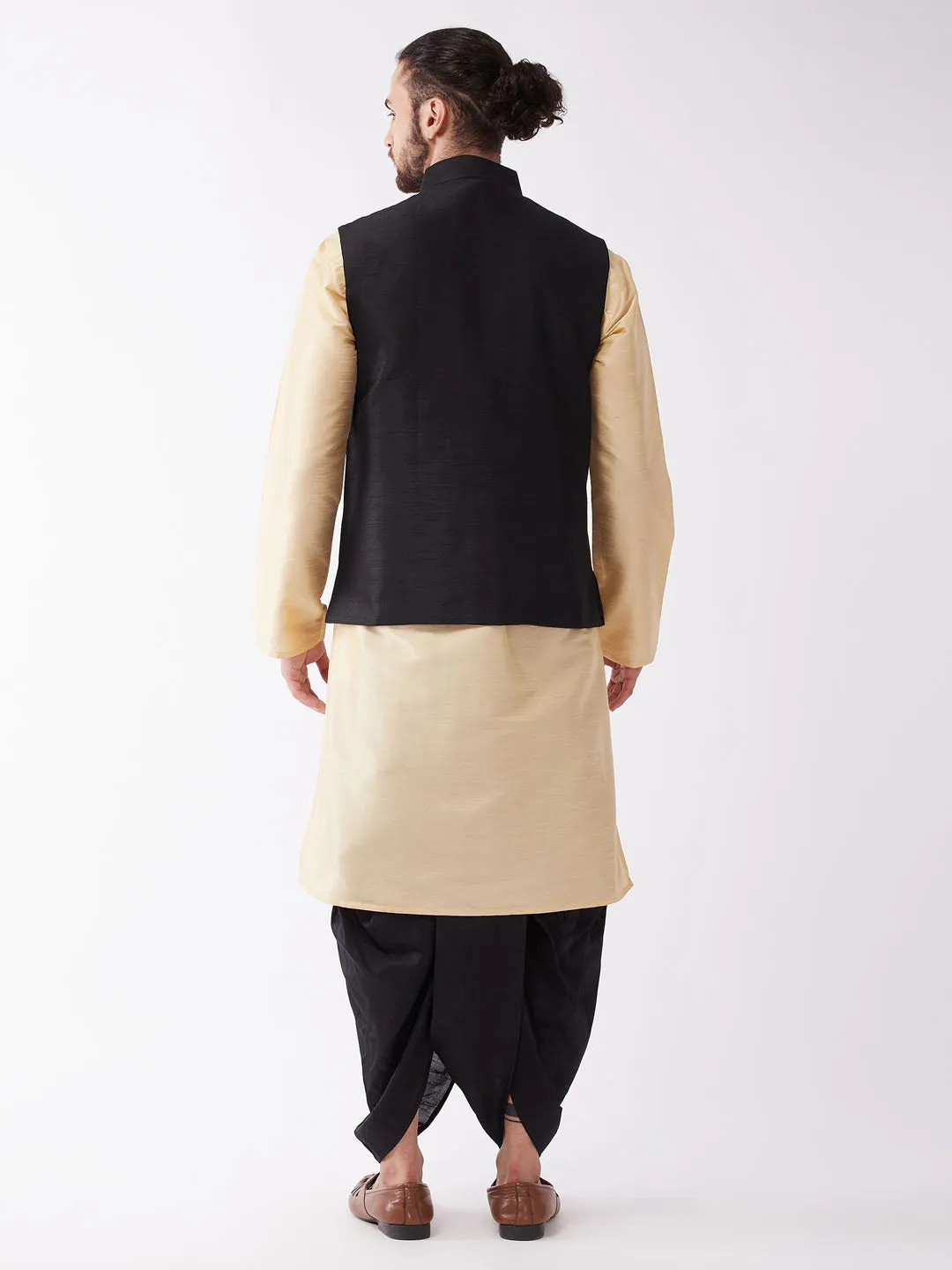 VM By VASTRAMAY Men's Black Solid Jacket With Gold And Black Silk Kurta and Dhoti Set