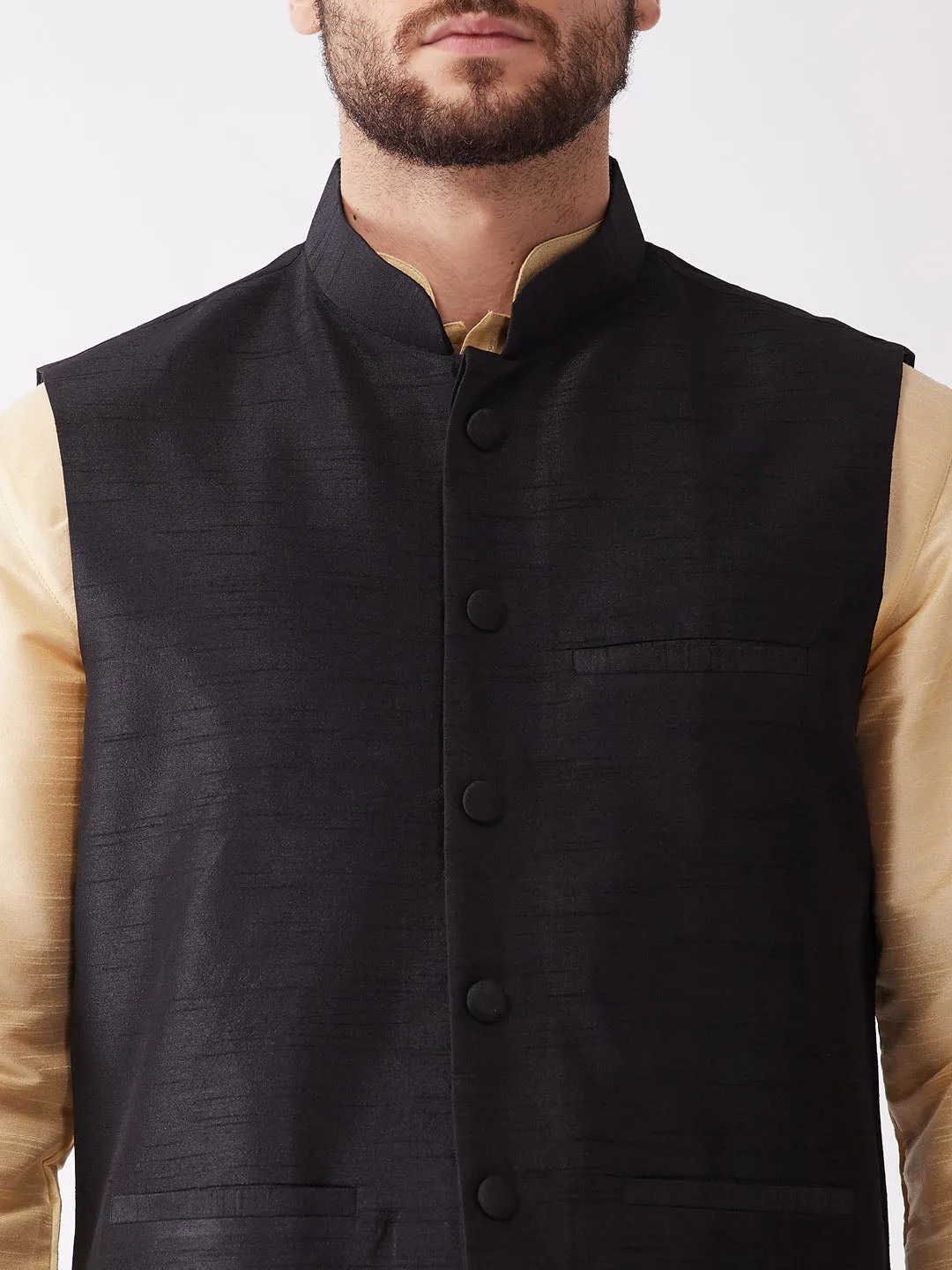 VM By VASTRAMAY Men's Black Solid Jacket With Gold And Black Silk Kurta and Dhoti Set