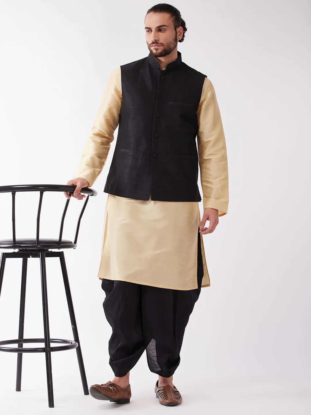 VM By VASTRAMAY Men's Black Solid Jacket With Gold And Black Silk Kurta and Dhoti Set