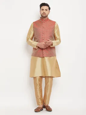 VM BY VASTRAMAY Men's Rose Gold Silk Blend Kurta And Pant Style Pyjama With Maroon Woven Nehru Jacket