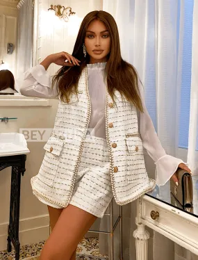 White and Gold Tweed Vest Shorts and Sheer Blouse Three Piece Set