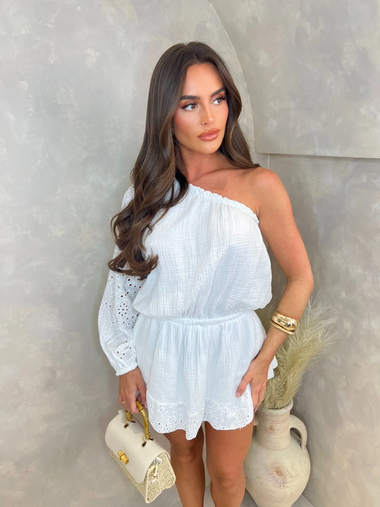 White Santorini Broderie Anglaise One Sleeve Playsuit With Skirt Overlay