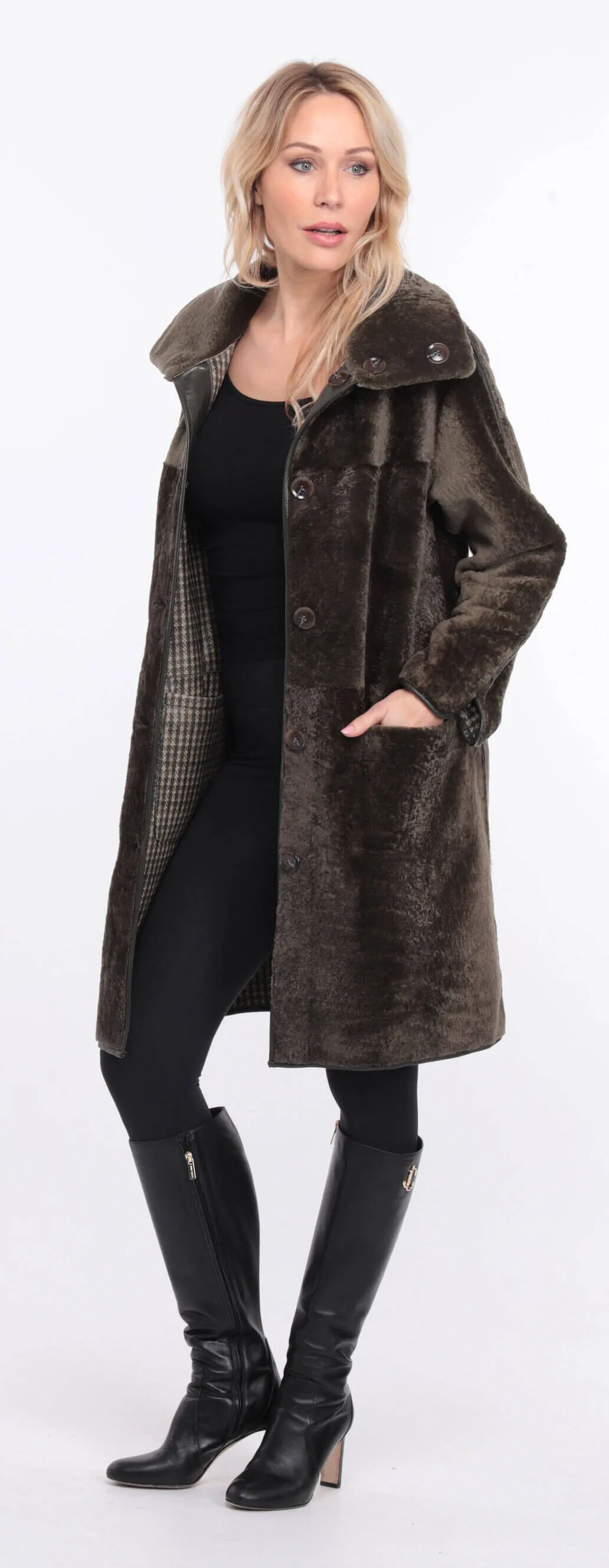 Women's reversible khaki gaby sheepskin coat