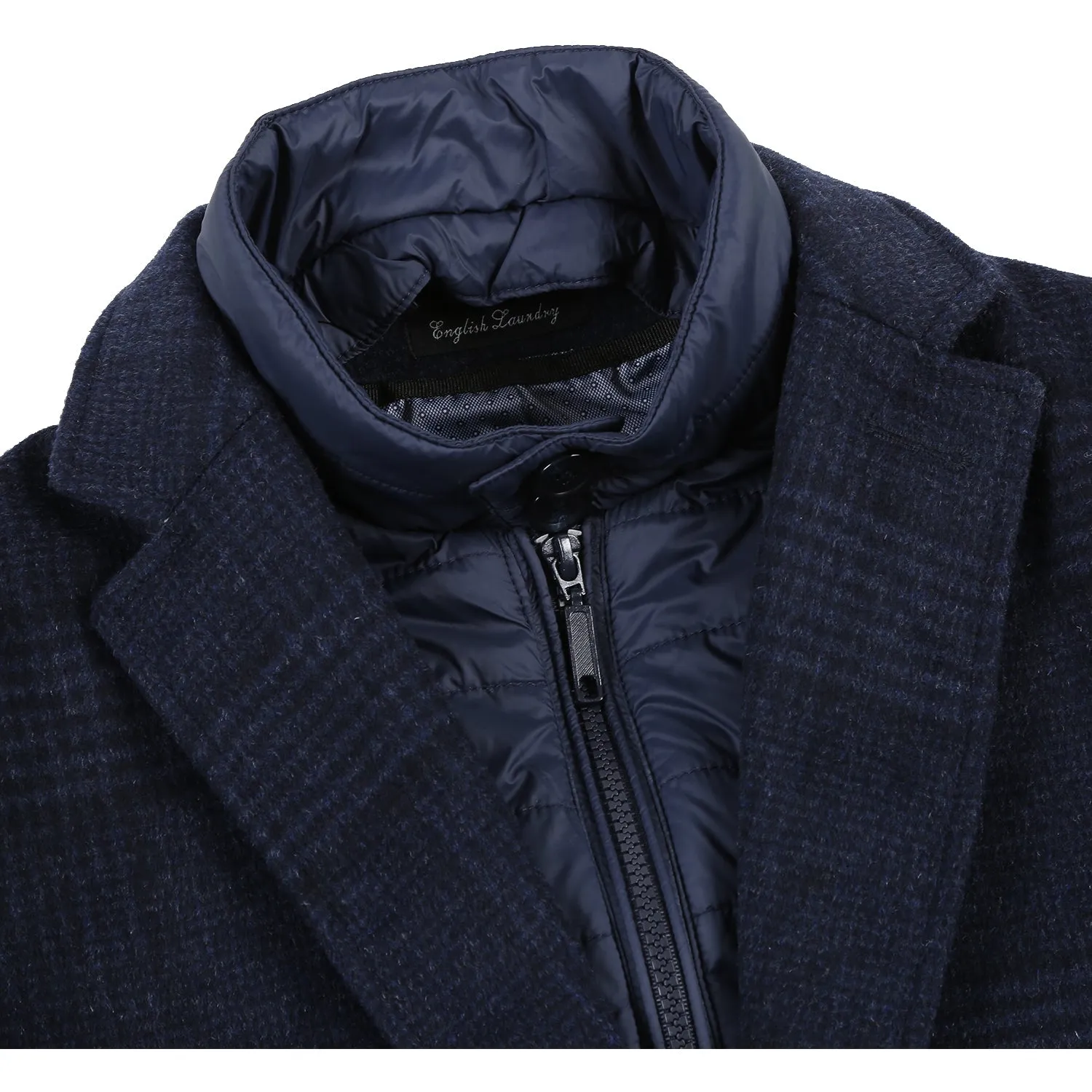 Wool Blend SLIM FIT Overcoat with Removable Quilted Liner in Navy Check by English Laundry