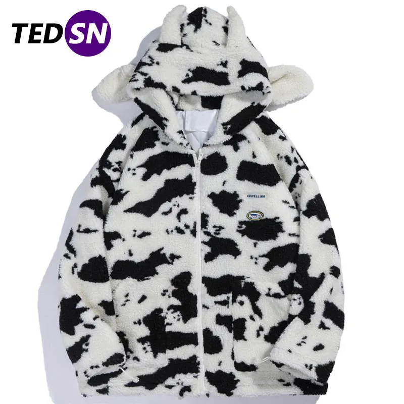 Xituodai Cow Zip Up Coat Jacket Men Women Kawaii Hoodie 2022 Winter Oversize Streetwear Casual Top Wool Cosplay Fashion Clothes