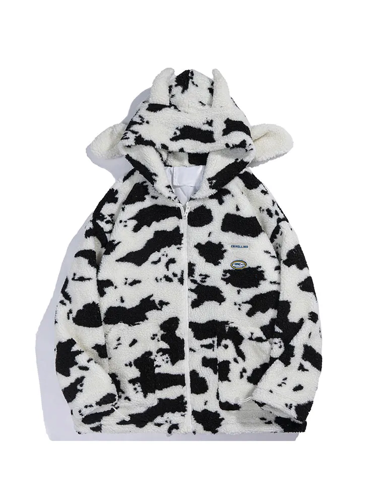 Xituodai Cow Zip Up Coat Jacket Men Women Kawaii Hoodie 2022 Winter Oversize Streetwear Casual Top Wool Cosplay Fashion Clothes