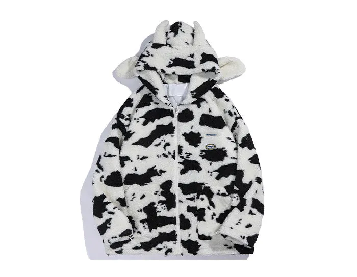 Xituodai Cow Zip Up Coat Jacket Men Women Kawaii Hoodie 2022 Winter Oversize Streetwear Casual Top Wool Cosplay Fashion Clothes