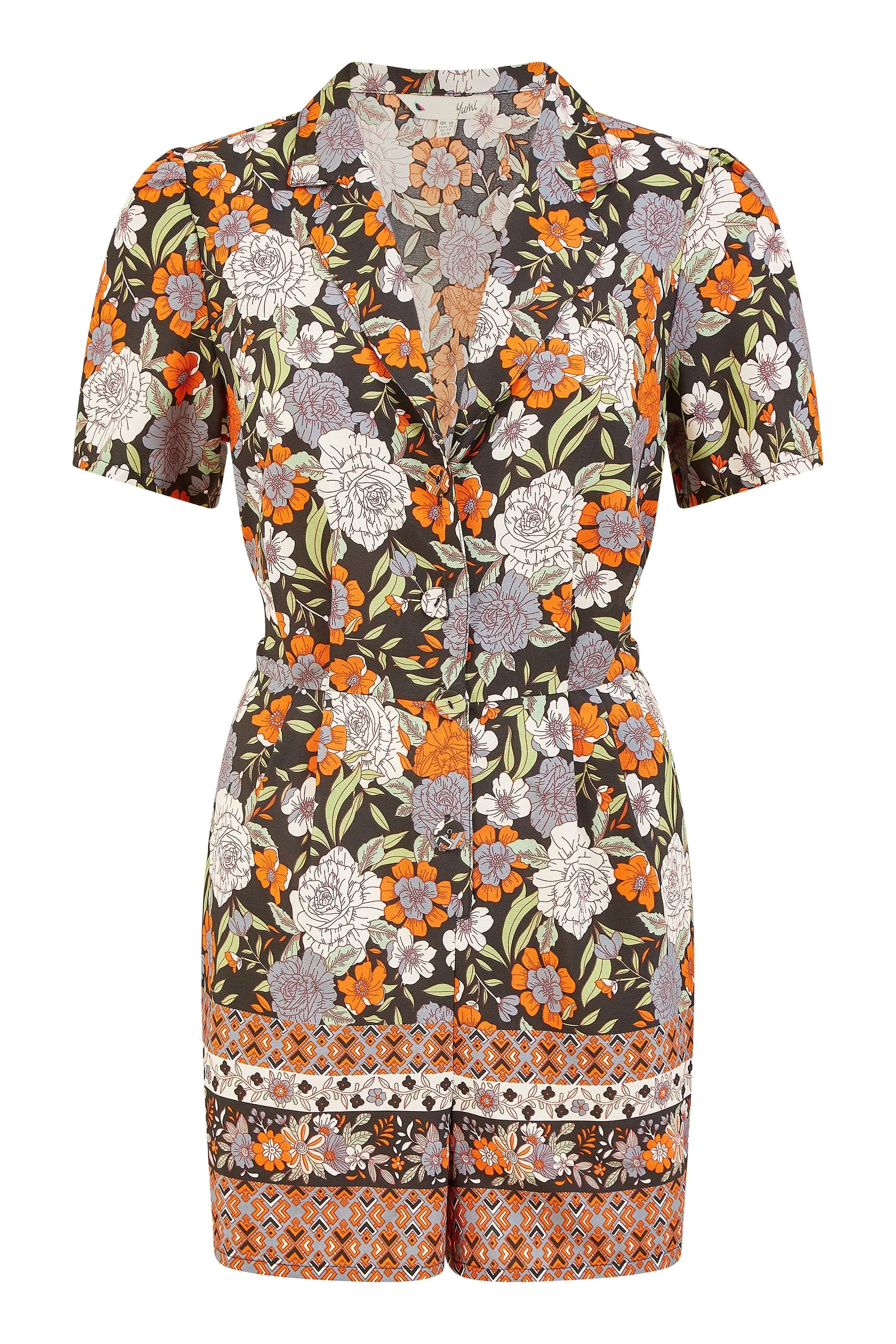 Yumi Multicolour Retro Floral Print Playsuit With Border Hem